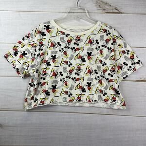 Disney Mickey Mouse Tee Shirt Womens L Crop Top All Over Print Short Sleeve